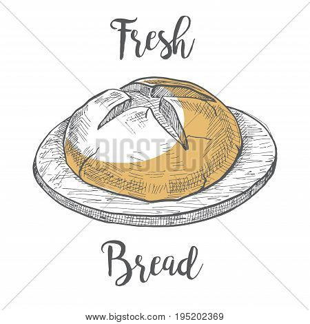Loaf of bread on a wooden round board. Vector illustration of a sketch style.