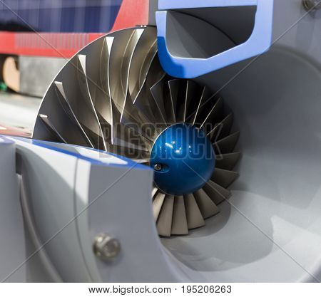Close up impeller in side Indsustrial air blower cross section viewhigh technology equipment