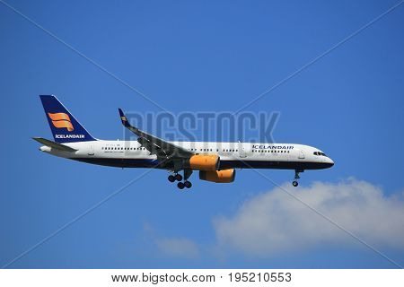 Amsterdam the Netherlands - July 9th 2017: TF-ISJ Icelandair Boeing 757-200 approaching Schiphol Amsterdam Airport Kaagbaan runway