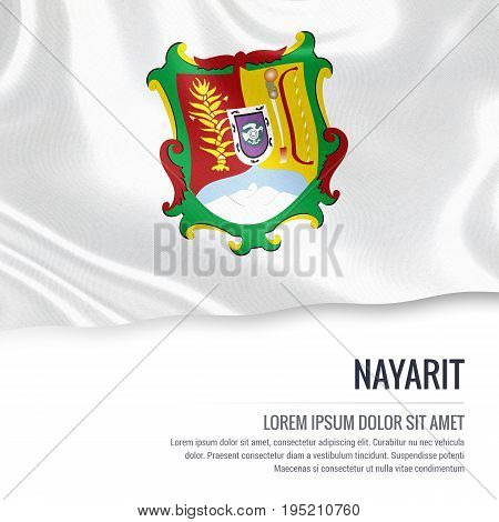 Mexican state Nayarit flag waving on an isolated white background. State name and the text area for your message. 3D illustration.