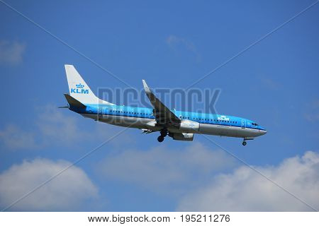 Amsterdam the Netherlands - July 9th 2017: PH-BCB KLM Royal Dutch Airlines Boeing 737 approaching Schiphol Amsterdam Airport Kaagbaan runway