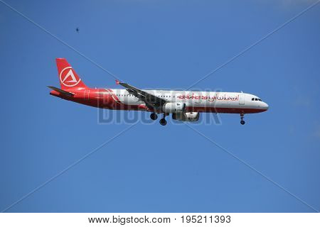Amsterdam the Netherlands - July 9th 2017: TC-ETJ AtlasGlobal Airbus A321-200 approaching Schiphol Amsterdam Airport Kaagbaan runway