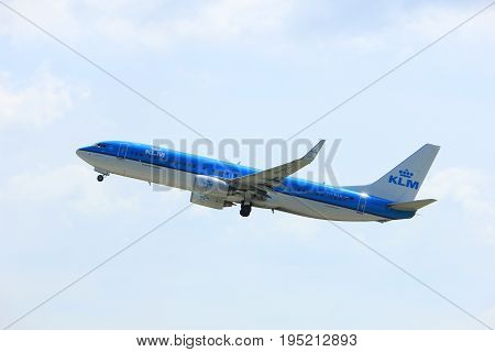 Amsterdam the Netherlands - July 9th 2017: PH-BXH KLM Royal Dutch Airlines Boeing 737-800 takeoff from Buitenveldert runway Amsterdam Airport
