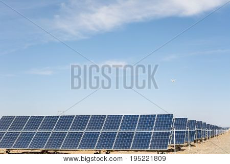 solar panels on the gobi desert new energy against a blue sky