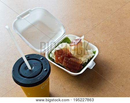 Sticky Rice And Roast Pork In Foam Box