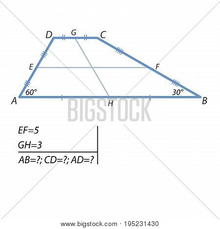 The middle line of the trapezoid is equal to 5, and the segment connecting the middle of the base is equal to 3. The angles at a greater base of the trapezoid are 30 degrees and 60 degrees. Find the base and the lower side of the trapezoid.