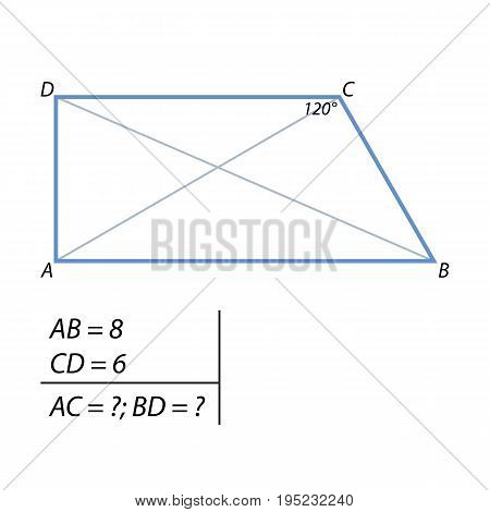 Bases are rectangular trapezium 6 and 8. One of the corners at the smaller base equal to 120 degrees. Find the diagonal of the trapezoid.
