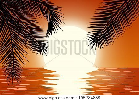Sunset over the sea. Summer Sunset Landscape. Sunrise with Palm Tree. Tropical Paradise. Vector illustration
