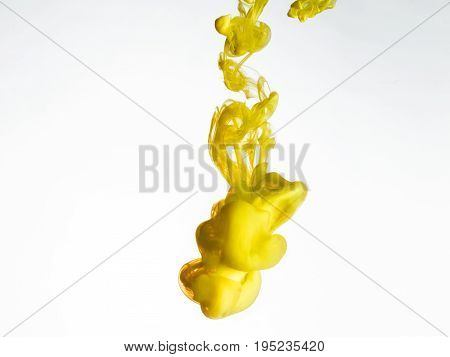 Ink swirl in water isolated on white background. The paint in the water. Soft dissemination a droplets of colored ink in water close-up. Abstract background. Explosion of splashes yellow acrylic ink.