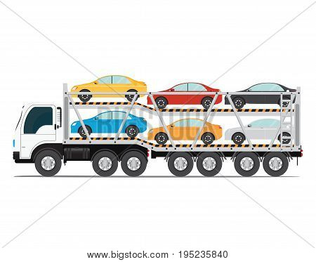 The trailer transports cars with new auto truck trailer transport vehicles isolated on white background vector illustration.