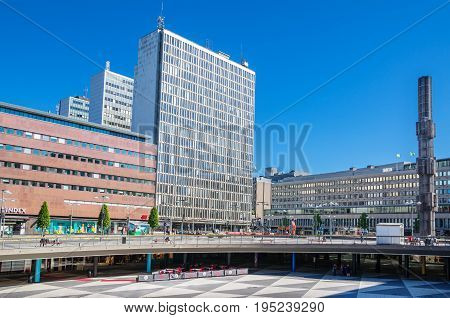 STOCKHOLM SWEDEN - JUNE 04 2011: Central public square Sergels Torg with Glass obelisk