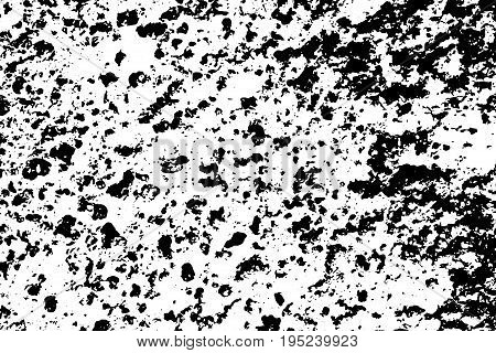 Weathered concrete wall. Rustic stone grit vector texture. Black stains and noise for distressed effect. Porous stone vintage overlay. Back ink drops on white. Volcanic stone monochrome background