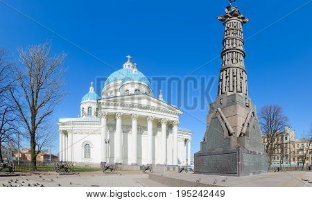 SAINT PETERSBURG RUSSIA - MAY 2 2017: Cathedral of Holy Life-Giving Trinity of Life Guards Izmailovsky Regiment (Trinity-Izmaylovsky Cathedral Trinity Cathedral) and Column of Glory St. Petersburg
