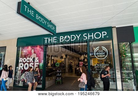 Melbourne, Australia - February 23, 2017: The Body Shop is a British chain of cosmetics and skincare stores. This shop is on Bourke Street in central Melbourne.