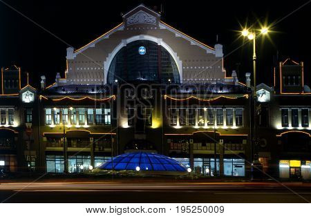 Illuminated Besarabsky Market at night. Ukraine Kiev.