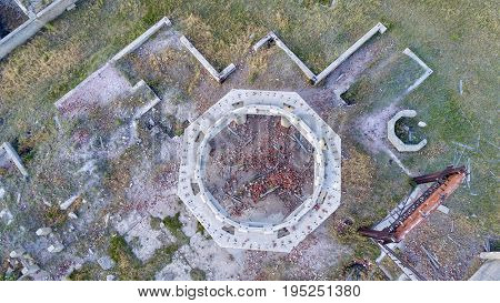 concrete ruins of one of five reduction plants and pump stations manufacturing potash during World War I near Antioch, Nebraska, aerial view