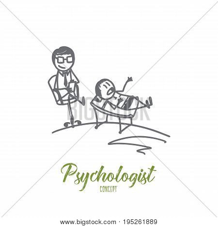 Psychologist concept. Hand drawn reception at the psychologist. Patient lying on couch while doctor is making notes isolated vector illustration.