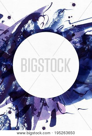 Large abstract watercolor background with white circle in center. Vivid blue and purple freehand brush stains dots and spots on grainy white textured paper. Large raster illustration with textholder.