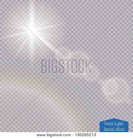 Vector transparent sunlight special lens flare light effect. Sun flash with rays and spotlight Vector