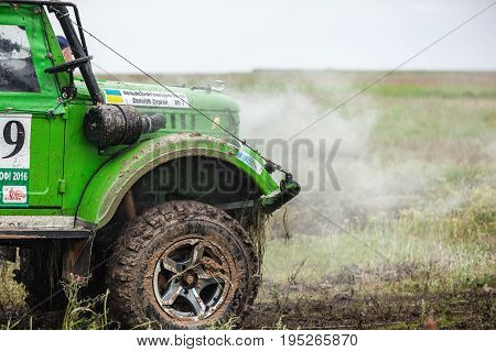 KIRILLOVKA UKRAINE - MAY 25 2016: Zaporizhia Trophy 2016. II stage of offroad trophy Ukrainian championship. GAZ 69 engine overheating.