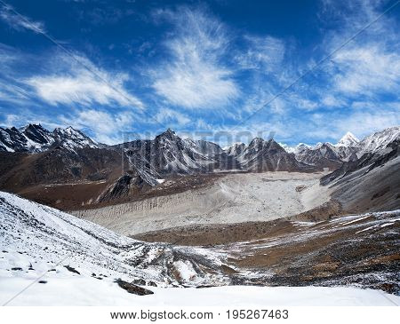 Panorama of Himalayan mountain landscape in Sagarmatha National Park - view from Chhukhung Ri in Everest Region, Nepal Himalaya