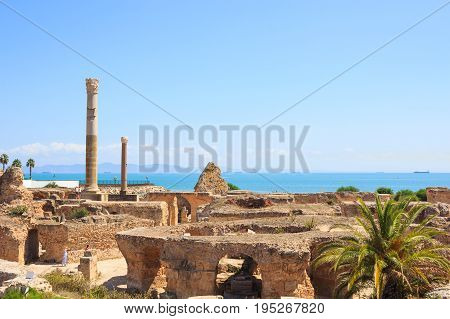 Ancient ruins of Carthage and a view of the Mediterranean Sea, Tunisia