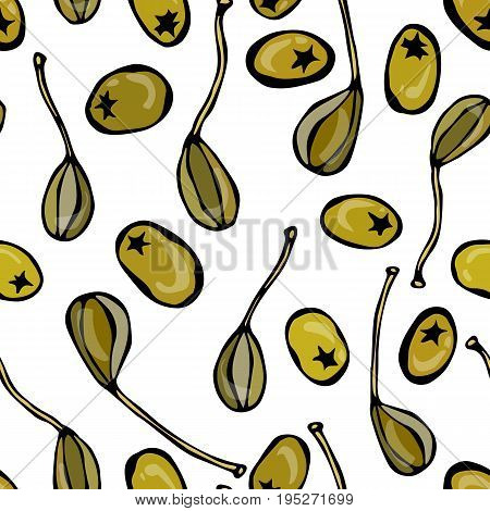 Seamless with Capers and Green Olives. Food Pattern. Isolated On a White Background. Realistic Doodle Cartoon Style Hand Drawn Sketch Vector Illustration.