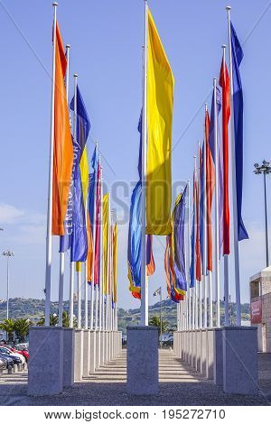 Flags at the CCB In Lisbon . The Cultural Center of Belem - LISBON, PORTUGAL 2017