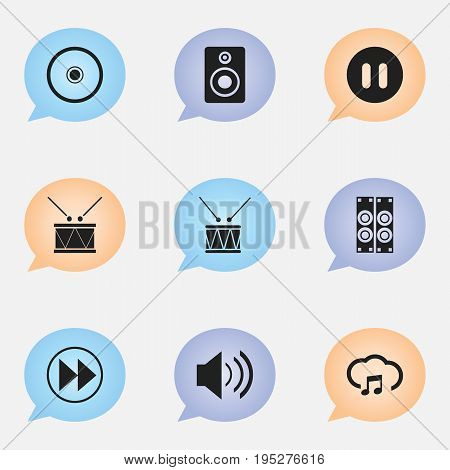 Set Of 9 Editable Song Icons. Includes Symbols Such As Drum, Sky Note, Pause And More. Can Be Used For Web, Mobile, UI And Infographic Design.