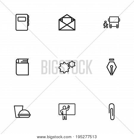 Set Of 9 Editable Education Icons. Includes Symbols Such As Dictionary, Inkpen, Settings And More. Can Be Used For Web, Mobile, UI And Infographic Design.