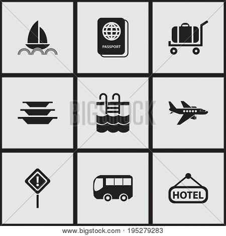 Set Of 9 Editable Travel Icons. Includes Symbols Such As Signboard, Motorbus, Basin And More. Can Be Used For Web, Mobile, UI And Infographic Design.