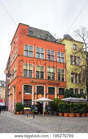 COLOGNE GERMANY - FEBRUARY 22 2016: Street in the historical center of Cologne the largest city in the German federal State of North Rhine-Westphalia and the fourth-largest city in Germany