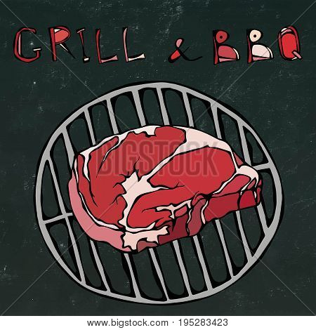 Rib Eye Steak on the Grill for Barbecue. Lettering Grill and BBQ. Isolated on a Black Chalkboard Background. Realistic Doodle Cartoon Style Hand Drawn Sketch Vector Illustration.