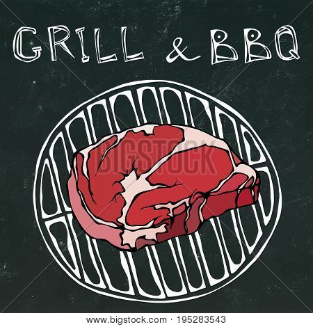 Rib Eye Steak on the Grill for Barbecue. Lettering Grill and BBQ. Isolated on a Black Chalkboard Background. Realistic Doodle Cartoon Style Hand Drawn Sketch Vector Illustration.