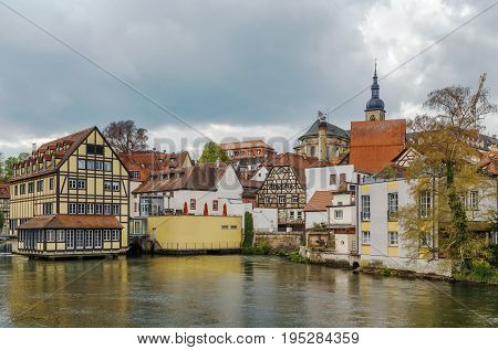 Embankment dam on Regnitz river in Bamberg city center Germany
