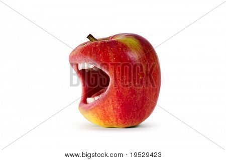 red angry apple with mouth and clipping path