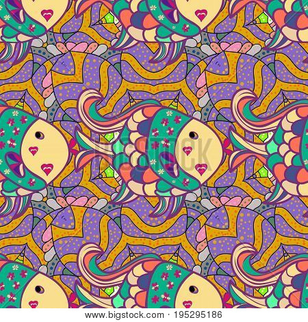 Vector illustration. Cute fabric texture. Seamless marine background. Decorative drawn pattern with fishes. Ocean fish on colored background.