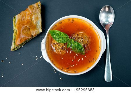 Vegetarian borscht basil Close up. Black background