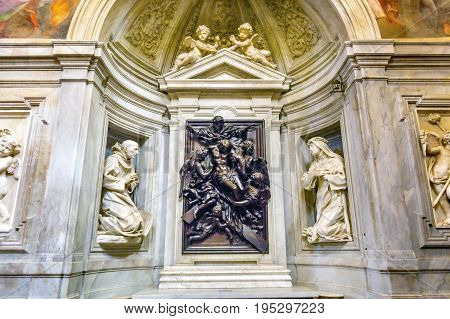 ROME, ITALY - JANUARY 18, 2017 Christ Down Cross Statue Santa Maria Della Pace Church Rome Italy. Church built in 1400 and 1500s by Pope Sixtus IV on the spot where a painted Madonna was pierced and blood came out.