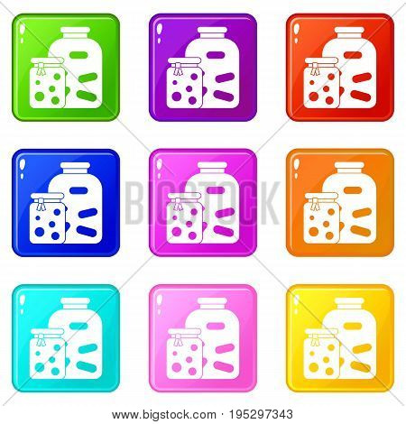 Jars with pickled vegetables and jam icons of 9 color set isolated vector illustration