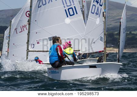 23 July 2015, Young sailors from around the World compete at the 2015 European Optimist Sailing Championships, held at the Welsh National Sailing Centre, Plas Heli, Wales. 