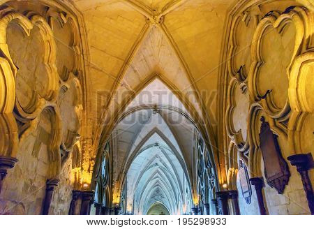 LONDON, ENGLAND - JANUARY 16, 2017 Cloisters Interior Arches 13th Century Westminster Abbey Church London England. Westminister Abbey has been the burial place of Britain's monarchs since the 11th century and is the setting for many coronations and weddin