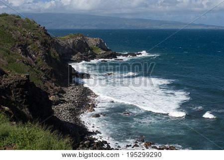 View of Beautiful views of Maui North coast, taken from famous winding Road to Hana. Maui, Hawaii