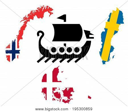 Illustration of Scandinavia. Vikings concept. Nordics countries. White background