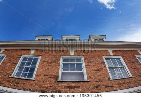 Detail of a house made of red brick. The effect of a fisheye lens. Honiton. England