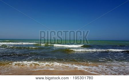 Beautiful seascape. Marine background. Sky sea and sand.