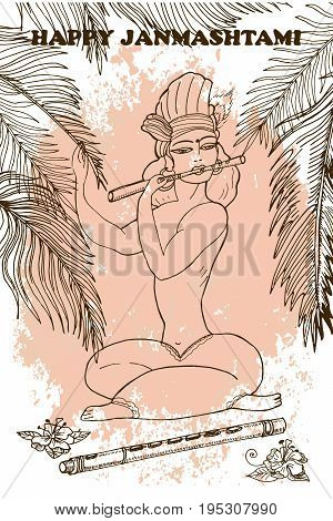 Happy Janmashtami. Vector Illustration Of Lord Krishna. Hand Drawn Greeting Card.