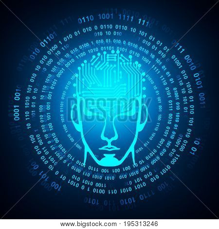 Abstract head with motherboard and digital circuit on dark blue background. Artificial intelligence concept. 3D Rendering