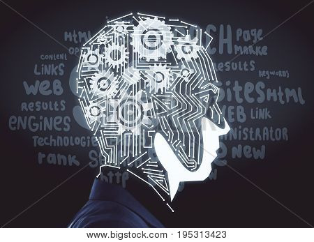 Side view of abstract male head outline with motherboard on dark background with SEO sketch. Search engine optimization concept. 3D Rendering