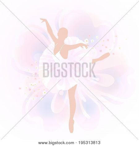 Dancing ballerina in white dress on a white background with flowers